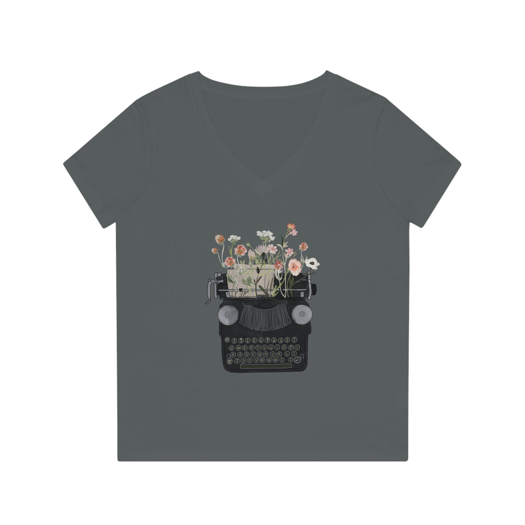 Floral Typewriter V-Neck T-Shirt